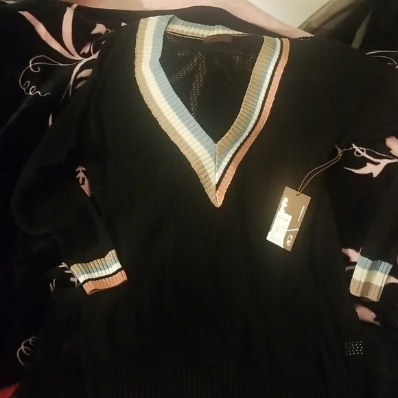 Nordstrom's KERISMA Rica Black Mesh Sheer Top. Earth Tones accent V-Neck - Picture 2 of 15